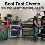 Garage with organized tool chests and a person working on a tool drawer.