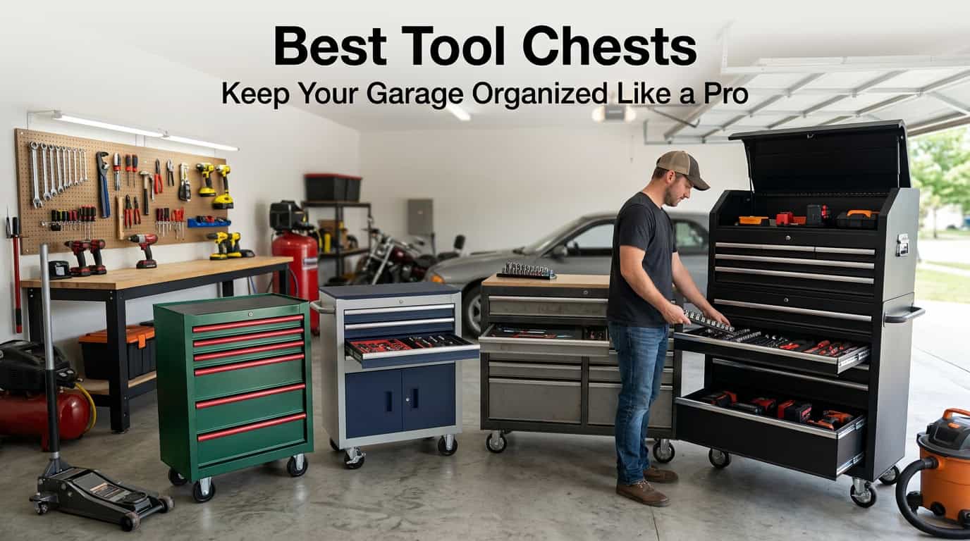 Garage with organized tool chests and a person working on a tool drawer.