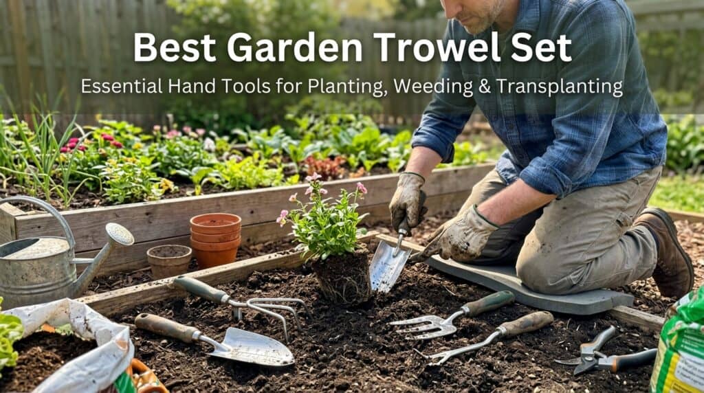 Gardener planting with a garden trowel in a lush garden bed.