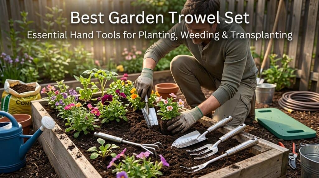 Person planting flowers in garden with trowel set and gardening tools.