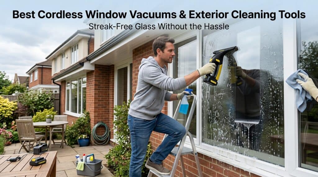 Man cleaning large glass window with cordless vacuum cleaner outside.