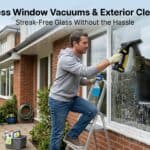 Man cleaning large glass window with cordless vacuum cleaner outside.