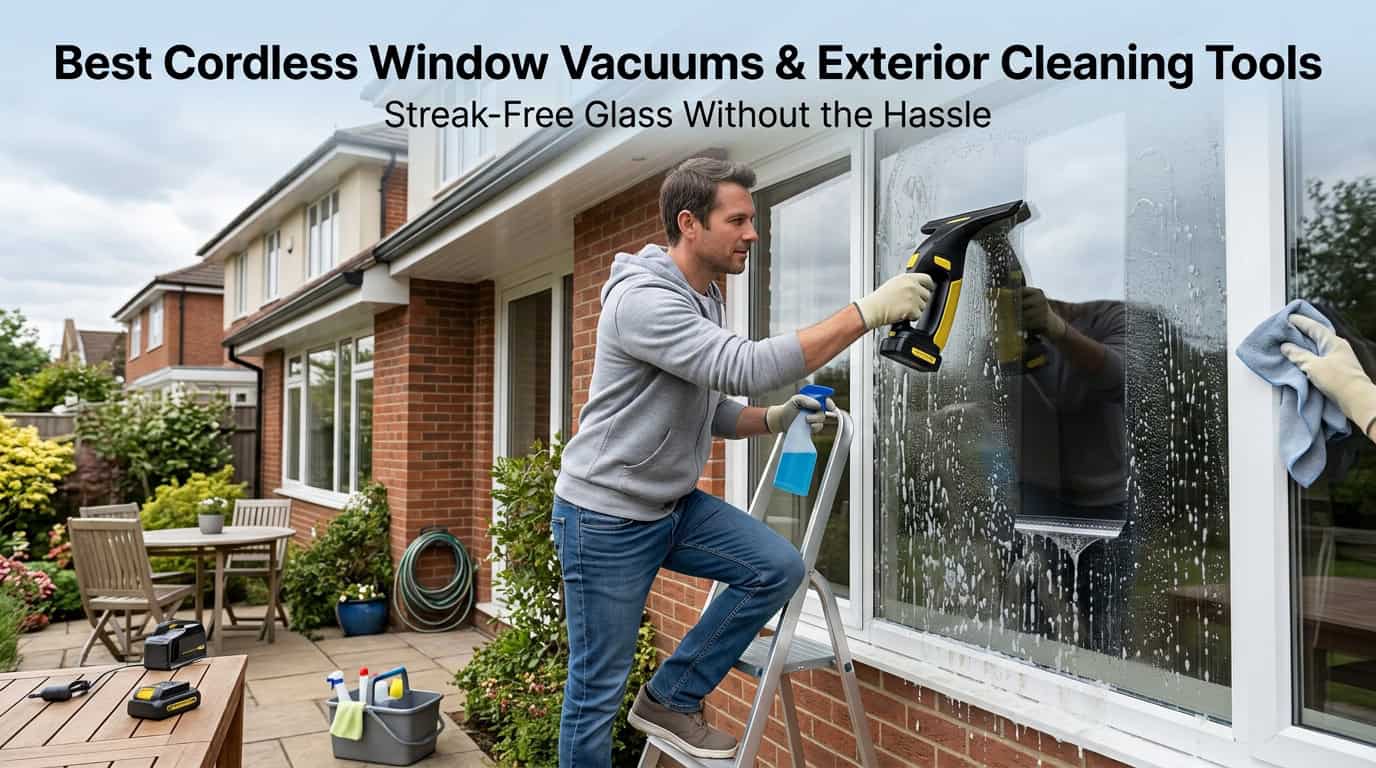 Man cleaning large glass window with cordless vacuum cleaner outside.
