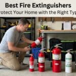 A man inspecting various fire extinguishers in a workshop setting.