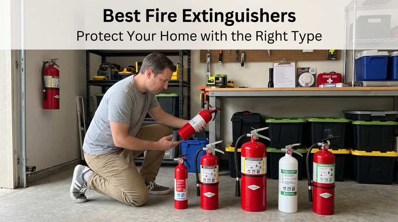 A man inspecting various fire extinguishers in a workshop setting.