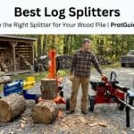 Man using a log splitter in a wooded outdoor setting.