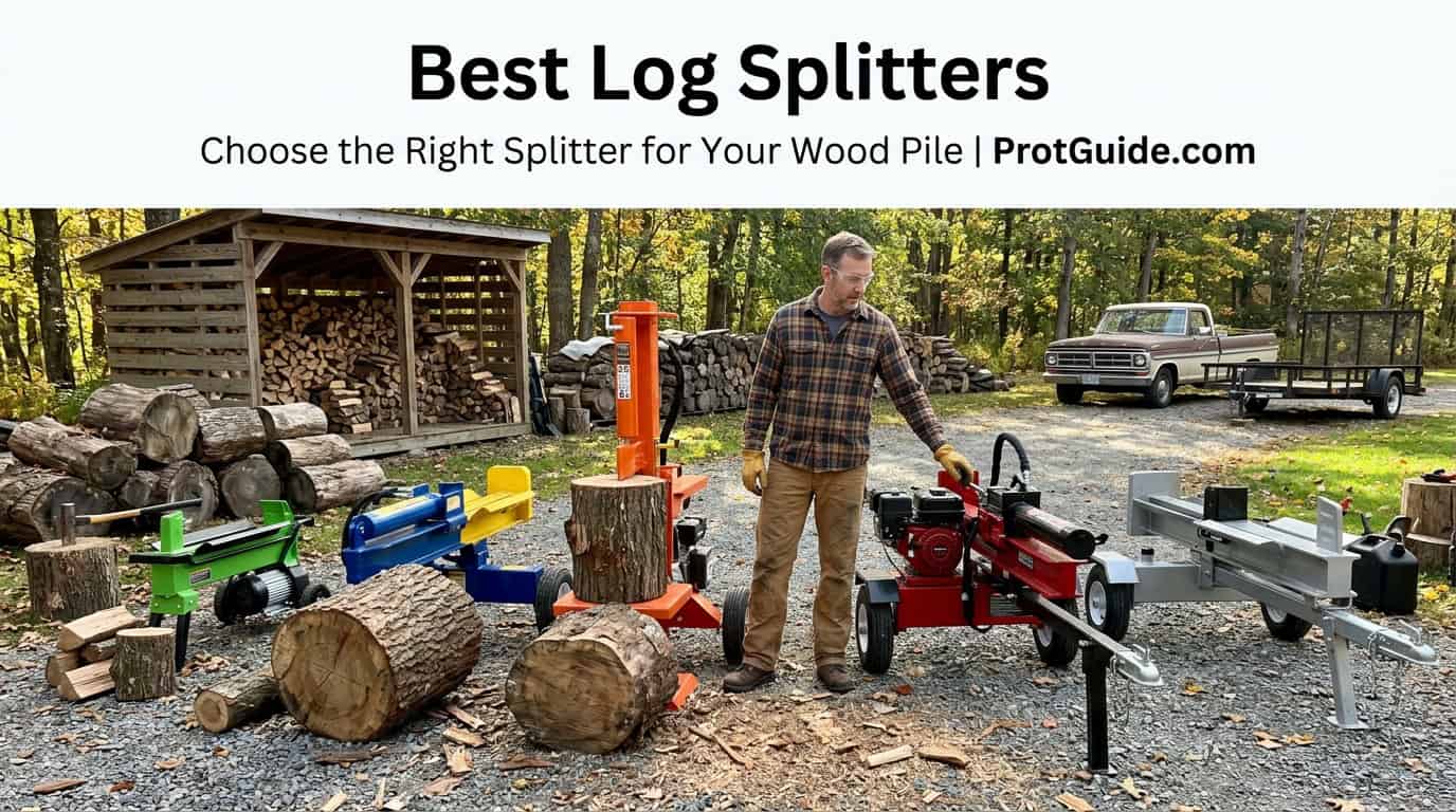 Man using a log splitter in a wooded outdoor setting.