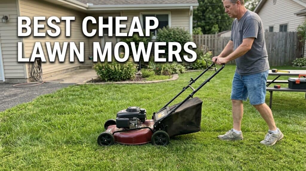 Man mowing lawn with a budget-friendly lawn mower in a suburban yard.