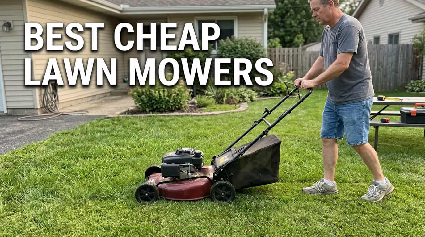 Man mowing lawn with a budget-friendly lawn mower in a suburban yard.