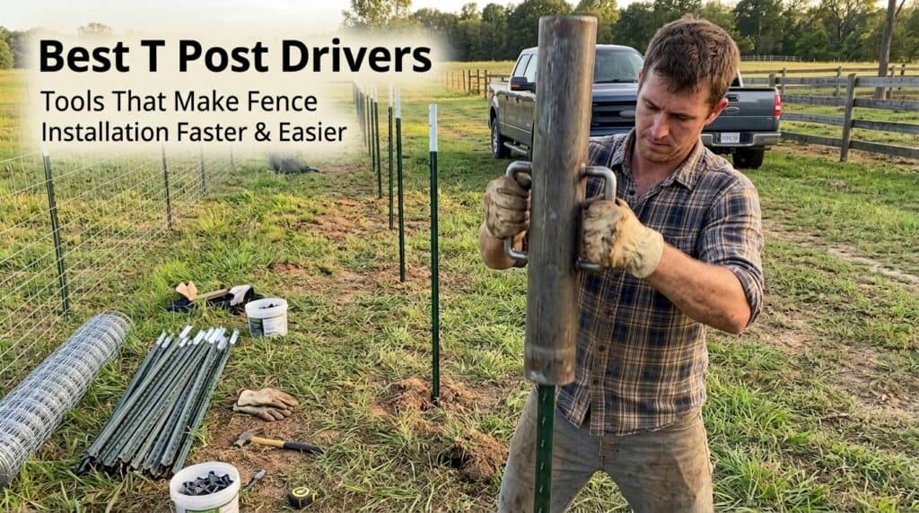 Man using a T post driver to install fence posts in a field.