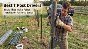 Man using a T post driver to install fence posts in a field.