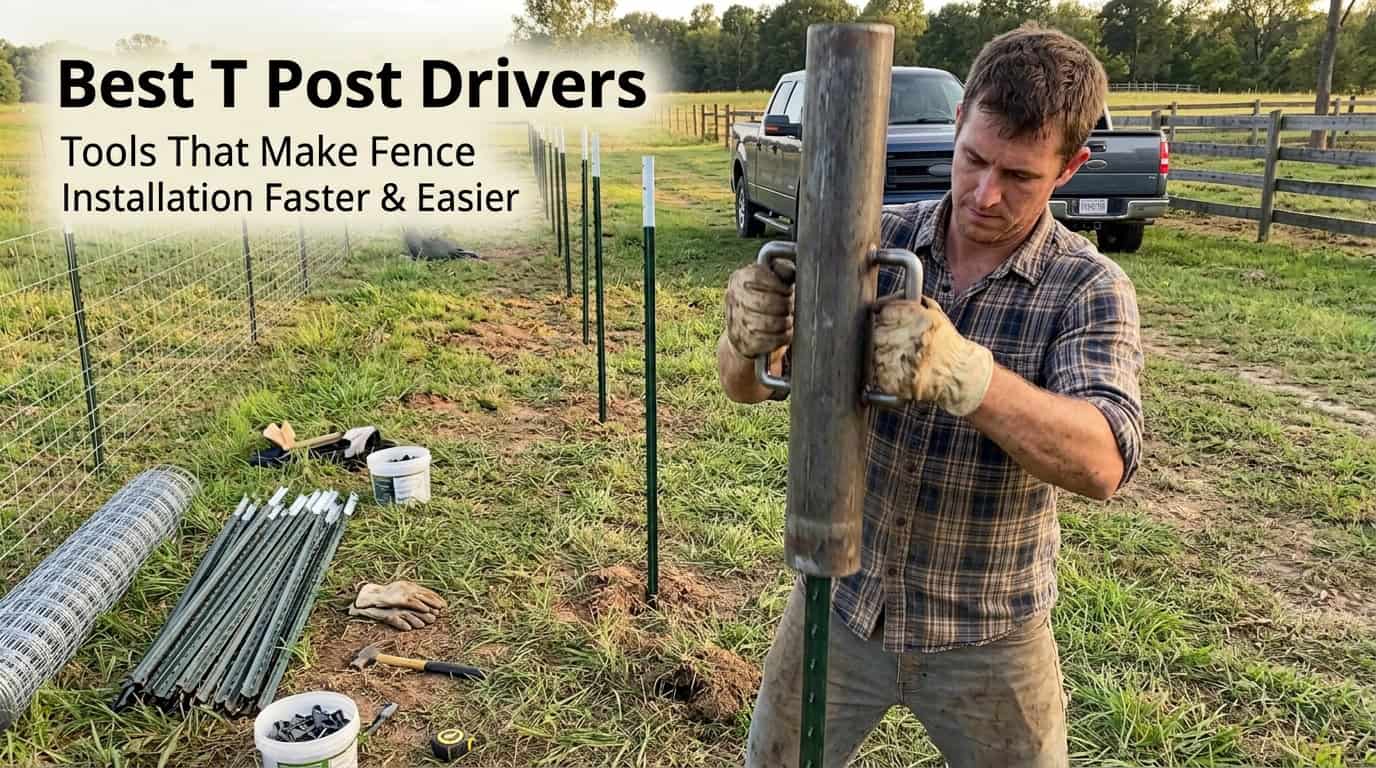 Man using a T post driver to install fence posts in a field.