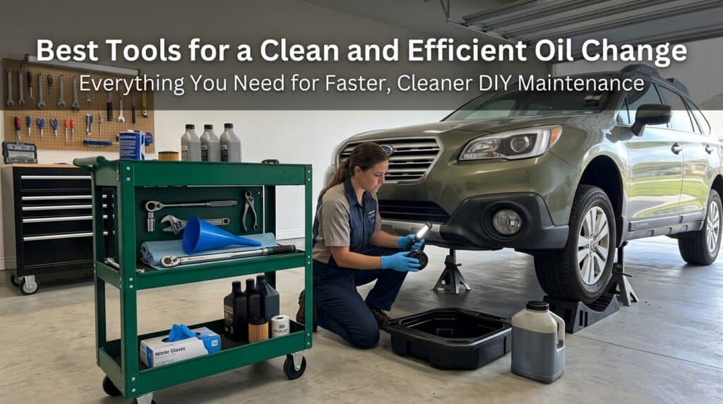 Automotive tools and car lift for oil change in garage.