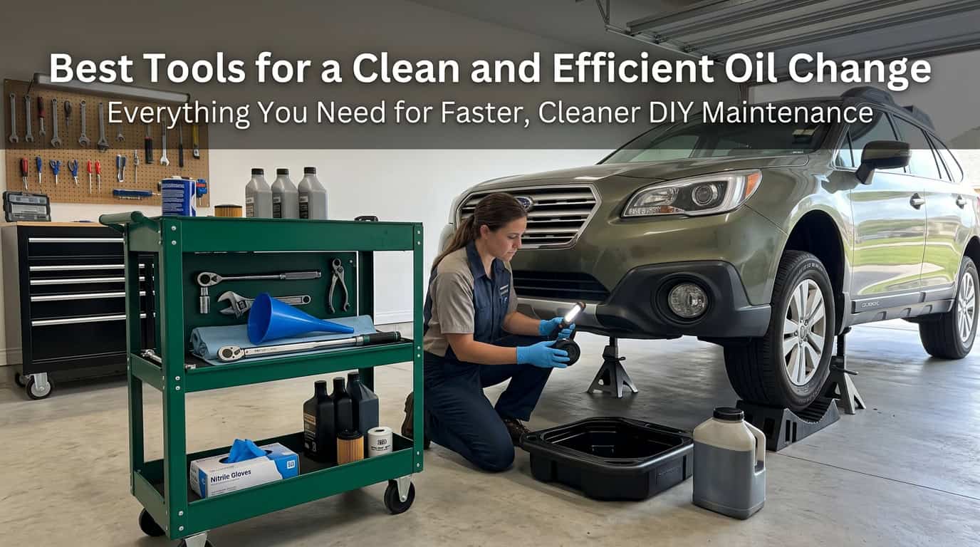 Automotive tools and car lift for oil change in garage.