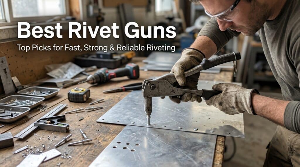Man using a rivet gun on metal sheet in workshop.