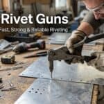 Man using a rivet gun on metal sheet in workshop.