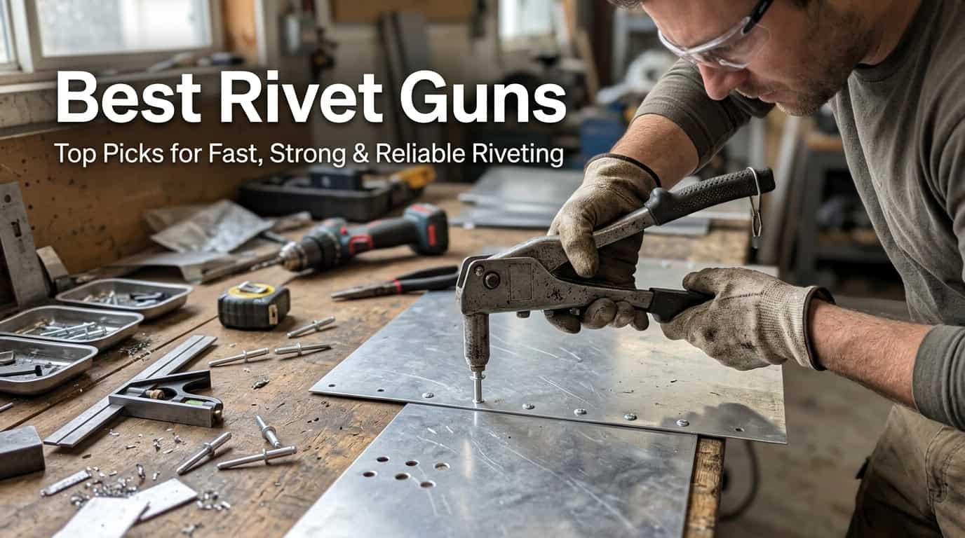 Man using a rivet gun on metal sheet in workshop.
