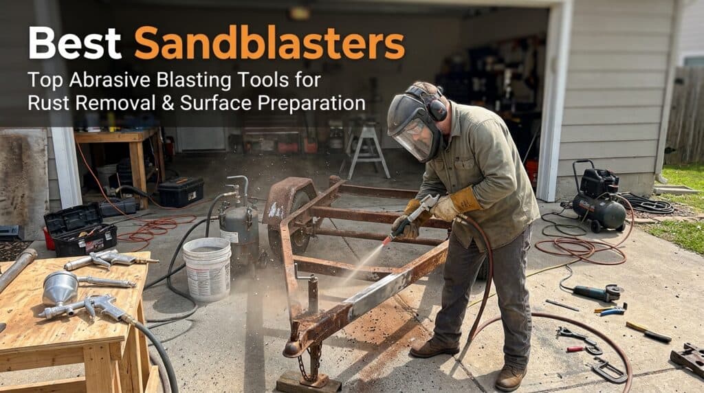 Person using a sandblaster for rust removal on metal surface.