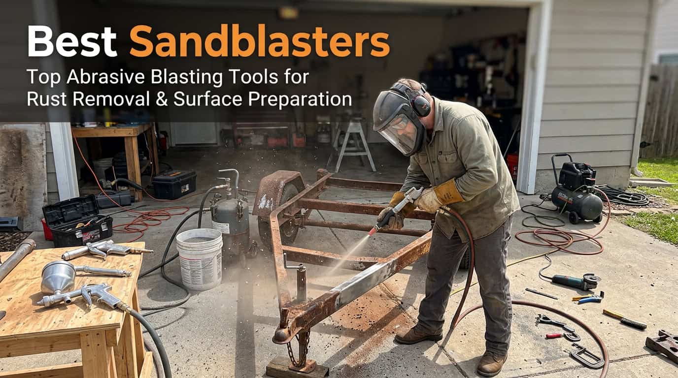 Person using a sandblaster for rust removal on metal surface.