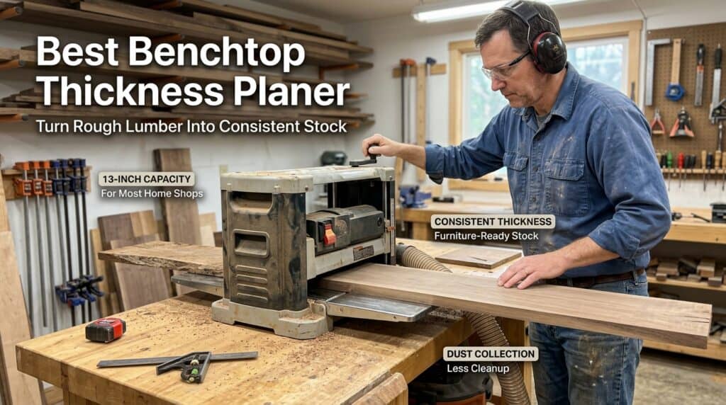 Man using benchtop thickness planer in woodworking shop.
