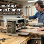 Man using benchtop thickness planer in woodworking shop.