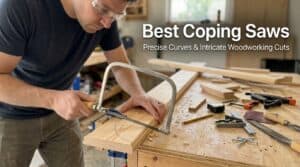Man using a coping saw for precise woodworking cuts in a workshop.