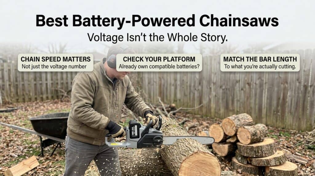 Person using a battery chainsaw to cut logs outdoors.
