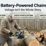Person using a battery chainsaw to cut logs outdoors.