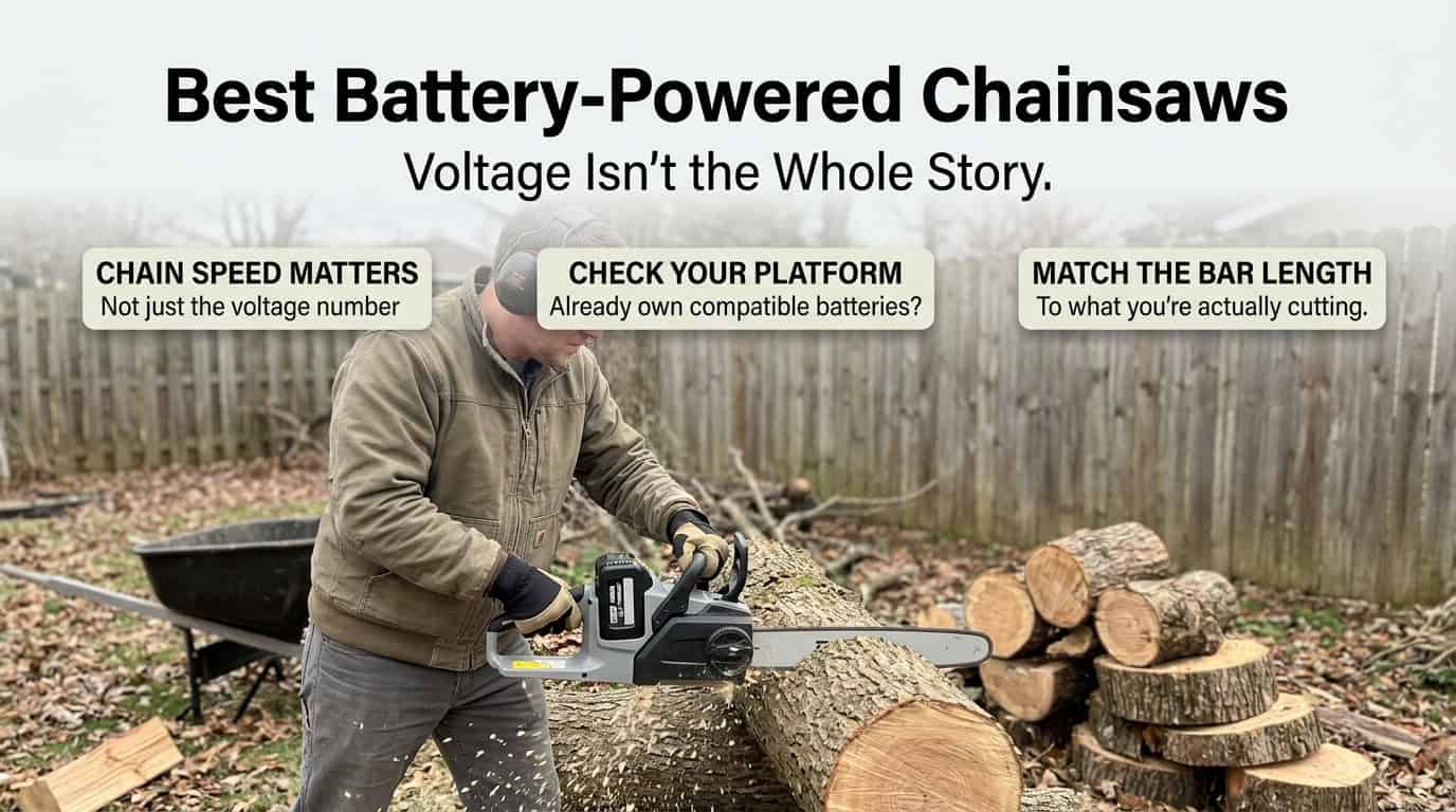 Person using a battery chainsaw to cut logs outdoors.