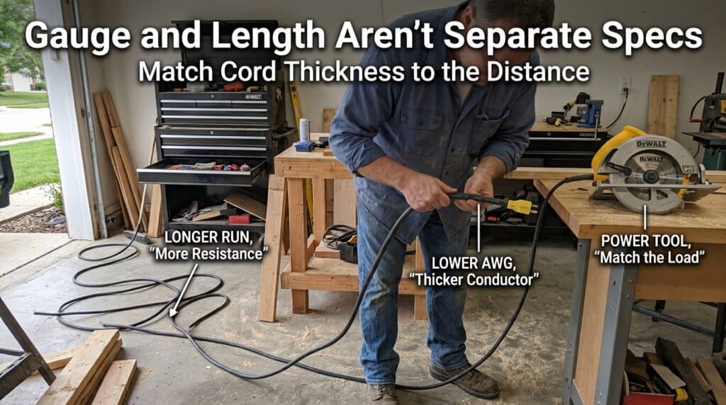 Man measuring electrical cord thickness with a digital caliper in workshop.