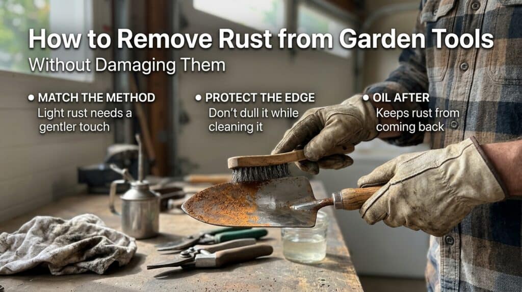 How to remove rust from garden tools without damage, using proper methods and tools.