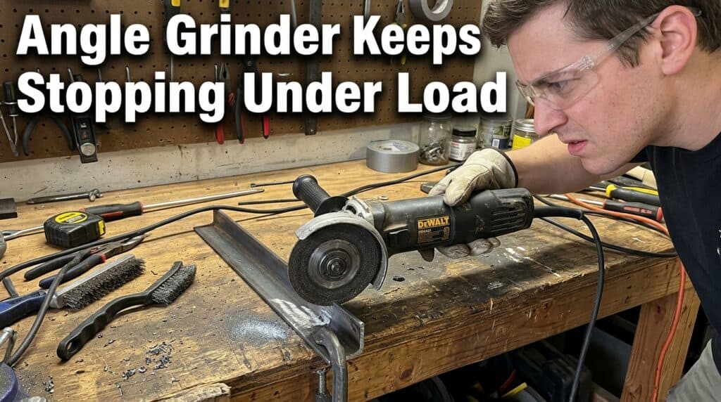 Man inspecting angle grinder that keeps stopping under load.