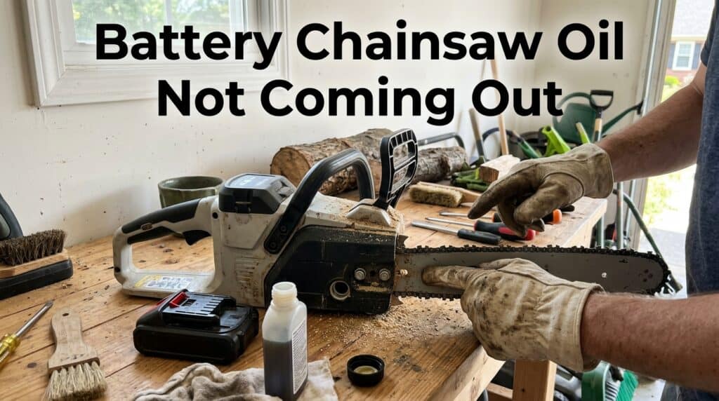 Person inspecting a chainsaw with oil issues on a workbench.