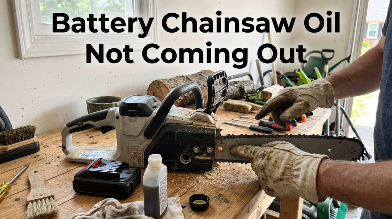Person inspecting a chainsaw with oil issues on a workbench.