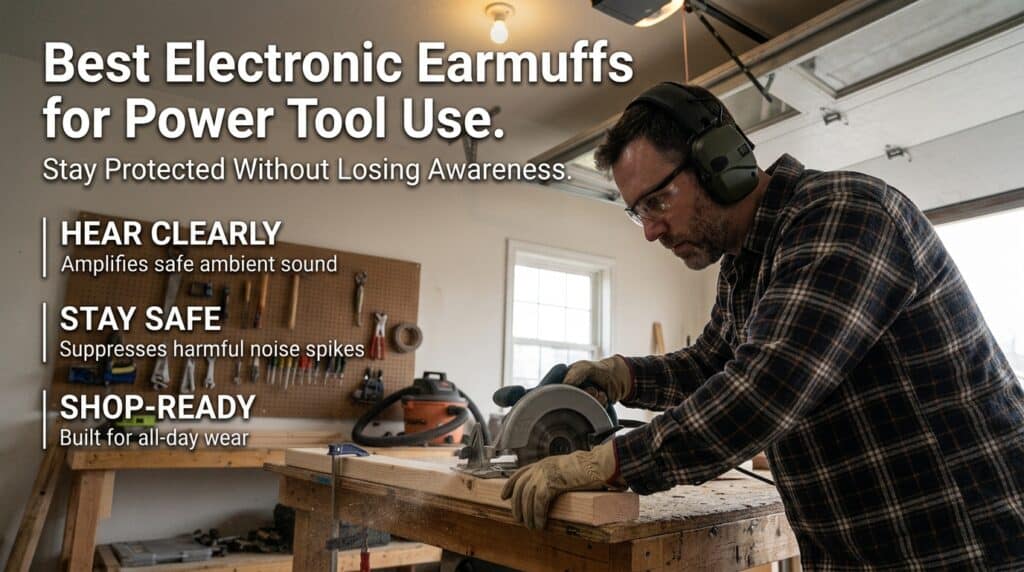 Man using electronic earmuffs for power tool safety in workshop.