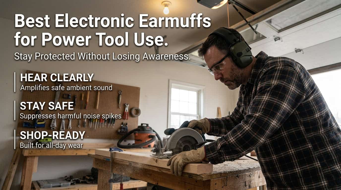 Man using electronic earmuffs for power tool safety in workshop.