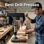 Man using a drill press in a woodworking workshop with tools and wood around.