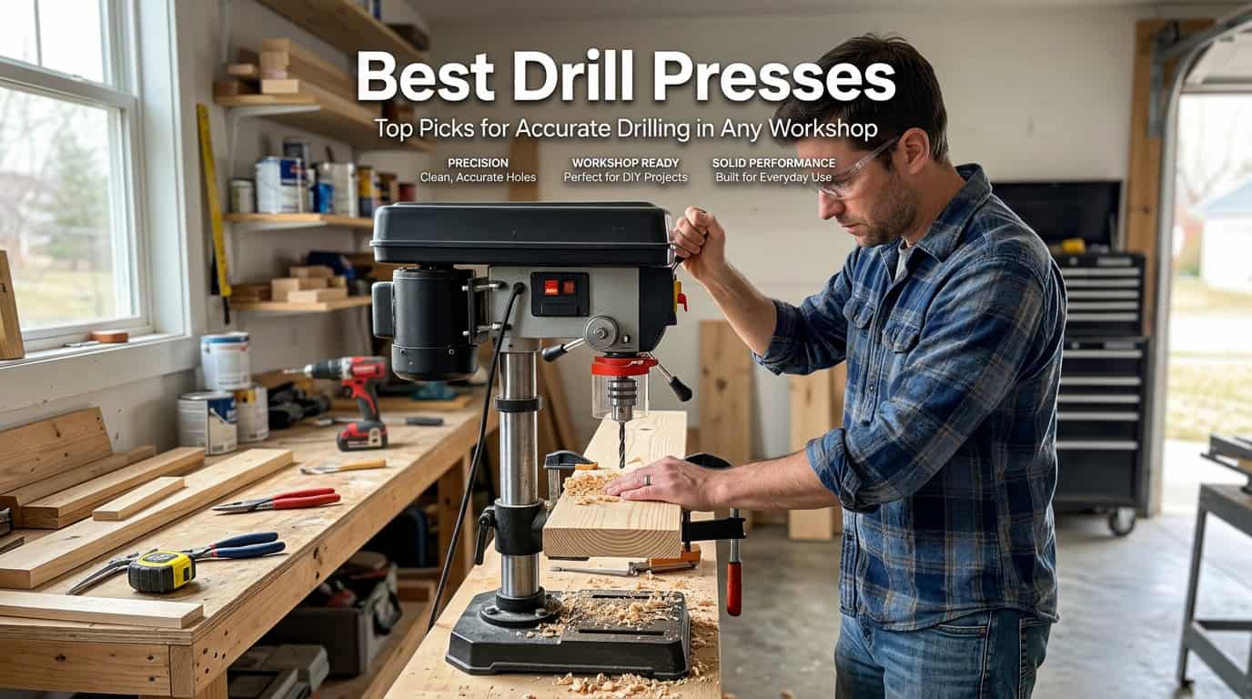 Man using a drill press in a woodworking workshop with tools and wood around.