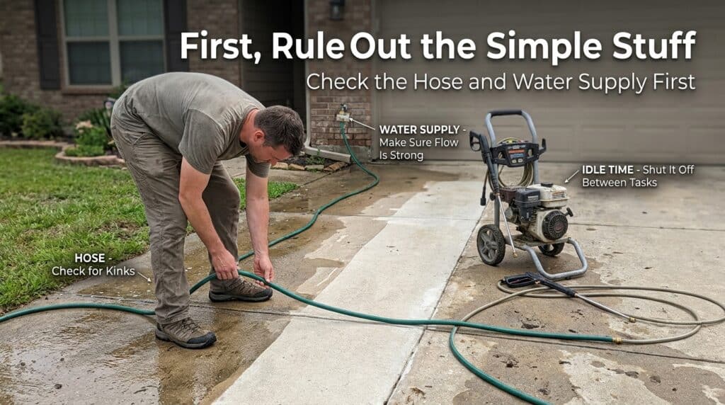 Man checking water hose and water supply for pressure washer.