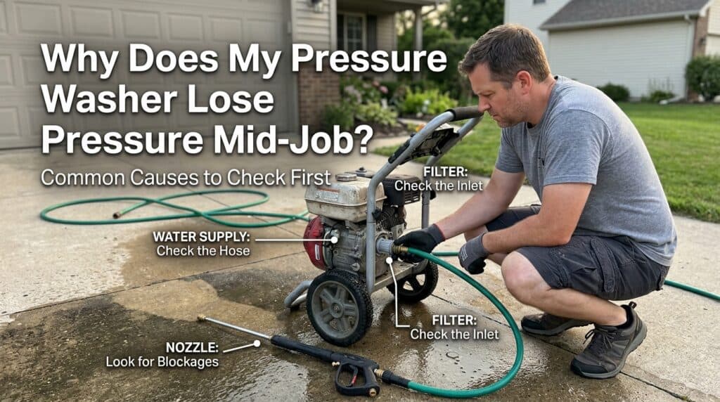 Man inspecting pressure washer for pressure loss issues.