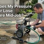 Man inspecting pressure washer for pressure loss issues.