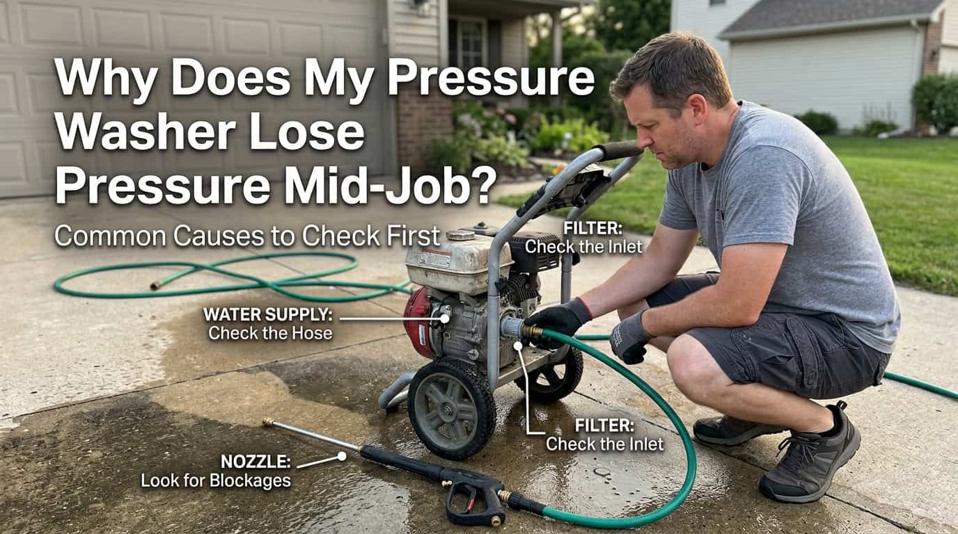 Man inspecting pressure washer for pressure loss issues.