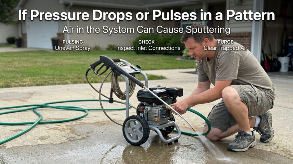 Man inspecting pressure washer for pressure loss issues.