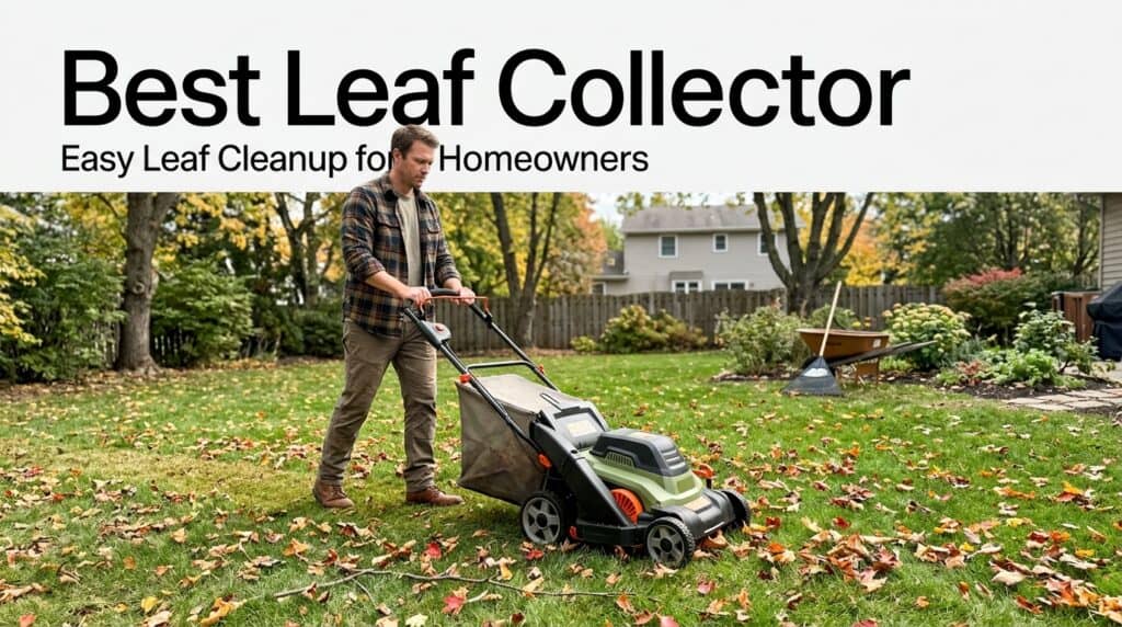 Man using a leaf collector in a backyard with trees and fallen leaves.