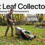 Man using a leaf collector in a backyard with trees and fallen leaves.