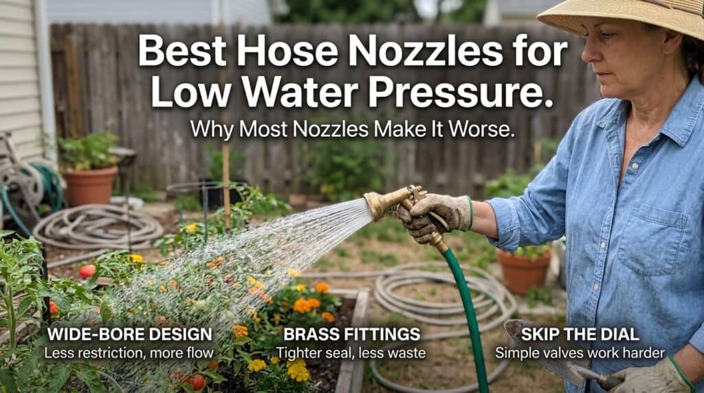 Woman watering garden with hose nozzle for low water pressure.