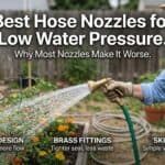 Woman watering garden with hose nozzle for low water pressure.