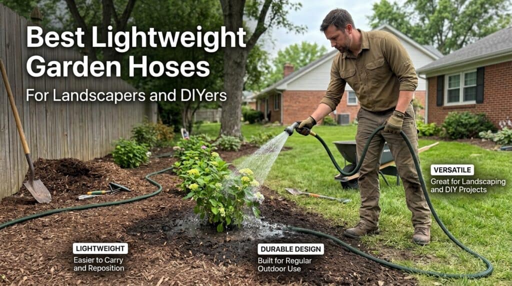 Man watering garden with lightweight garden hose in backyard.
