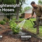 Man watering garden with lightweight garden hose in backyard.