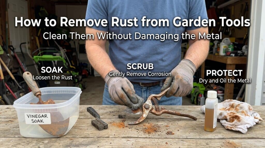 How to remove rust from garden tools without damaging the metal.